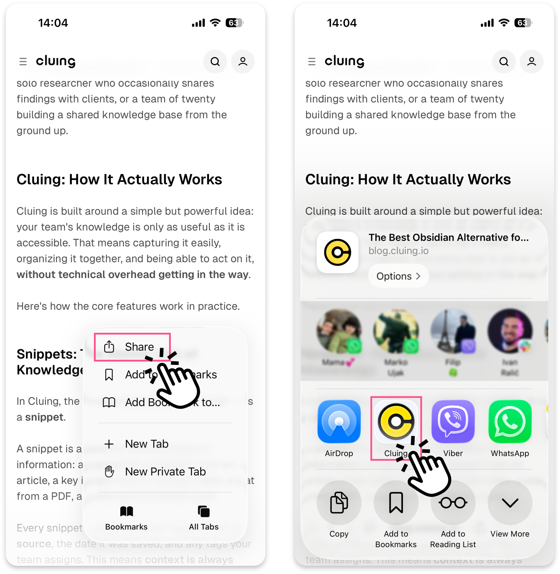 Use your phone’s Share button to send any content straight to Cluing - Webpage, video, or social post